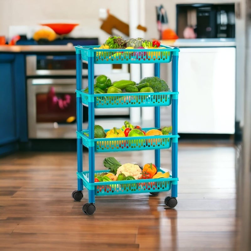 NEWON 4 Tier with Wheel Multipurpose Kitchen Storage Organizer Folding Rack Plastic Kitchen Trolley 4 Layer Green - Image 1