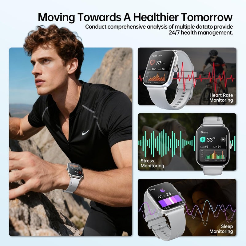 Weofly Active2 Smart Watch with 1.85" HD Touch Screen - Fitness Tracker for Men and Women with 100+ Sport Modes, Heart Rate, Blood Oxygen, and Sleep Monitor - IP68 Waterproof (Silver) - Image 4