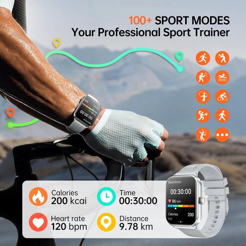 Weofly Active2 Smart Watch with 1.85" HD Touch Screen - Fitness Tracker for Men and Women with 100+ Sport Modes, Heart Rate, Blood Oxygen, and Sleep Monitor - IP68 Waterproof (Silver) - Image 3