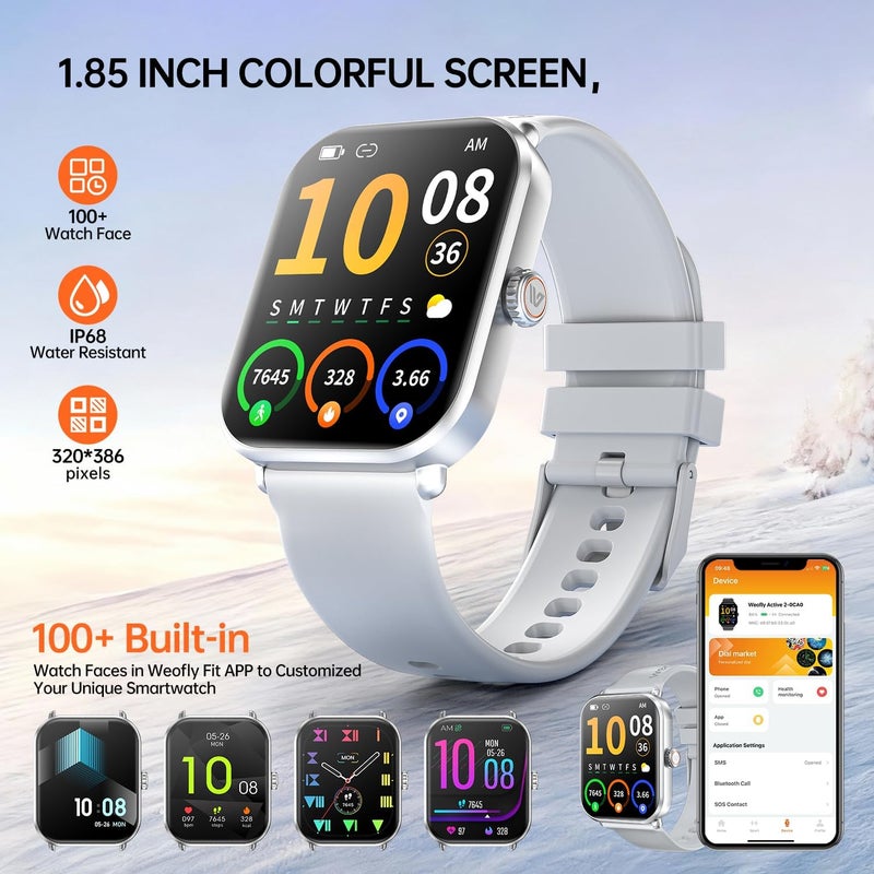 Weofly Active2 Smart Watch with 1.85" HD Touch Screen - Fitness Tracker for Men and Women with 100+ Sport Modes, Heart Rate, Blood Oxygen, and Sleep Monitor - IP68 Waterproof (Silver) - Image 2