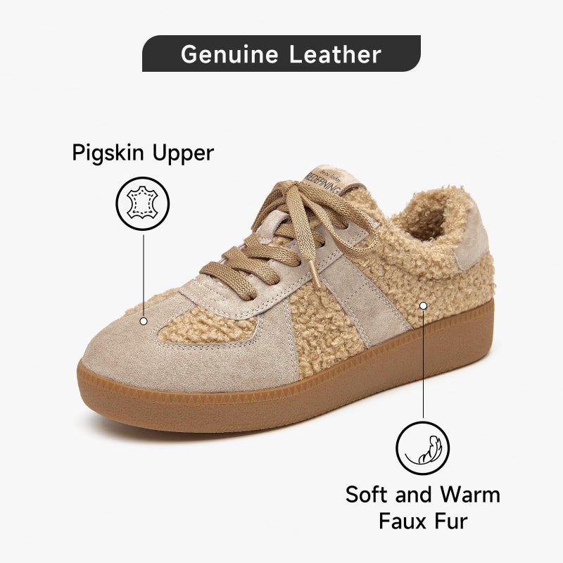 BEAU TODAY Fur Lined Sneaker Boots for Women,Winter Shoes for Women,Slip-on Platform Leather Retro OG Sneakers,Comfortable Tennis Runnig Trainer Shoes Apricot US 7.5 - Image 4