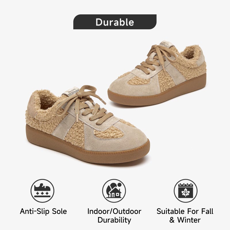 BEAU TODAY Fur Lined Sneaker Boots for Women,Winter Shoes for Women,Slip-on Platform Leather Retro OG Sneakers,Comfortable Tennis Runnig Trainer Shoes Apricot US 7.5 - Image 5