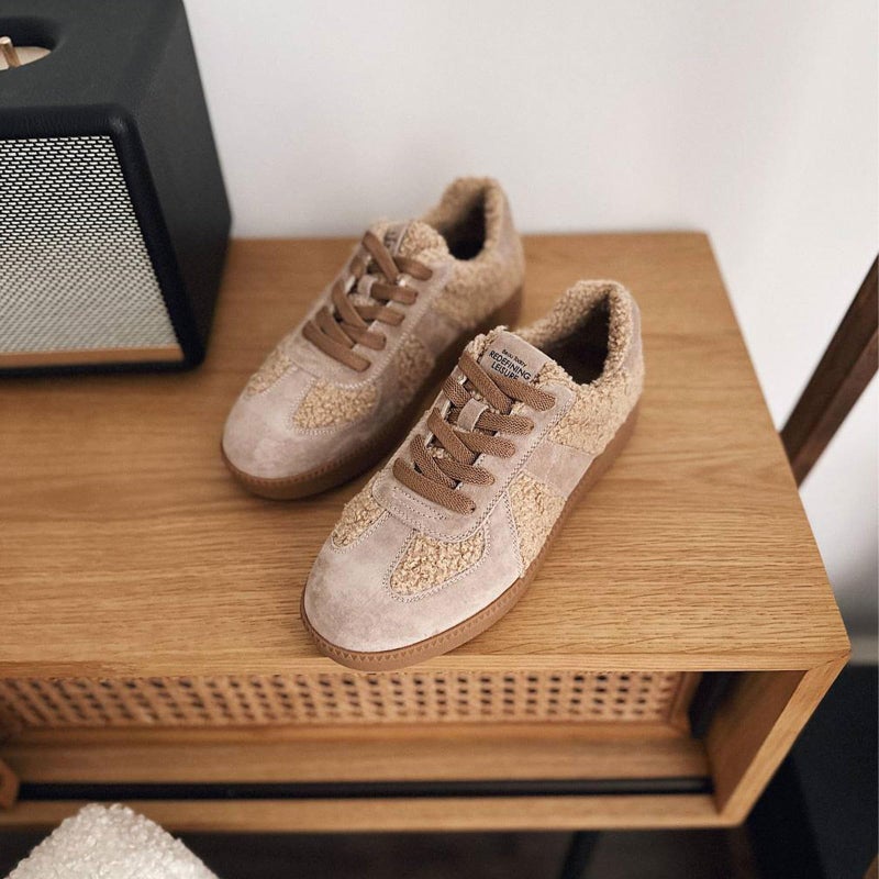 BEAU TODAY Fur Lined Sneaker Boots for Women,Winter Shoes for Women,Slip-on Platform Leather Retro OG Sneakers,Comfortable Tennis Runnig Trainer Shoes Apricot US 7.5 - Image 3