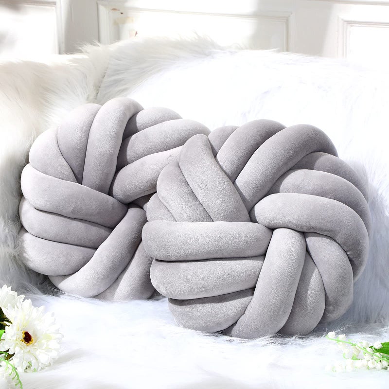 Fumete 2 Pcs 14 Inches Knot Pillow Round Throw Soft Plush Knot Ball Pillow Handmade Knotted Modern Home Decorative Cushion for Bed Bedroom Sofa Couch Gray