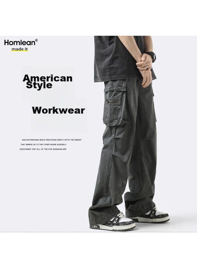 Homlean American-style Functional Cargo Pants For Men, Summer Straight-leg Retro Wide-leg Paratrooper Casual Trousers, 113 Dark Gray, XL - Image 1