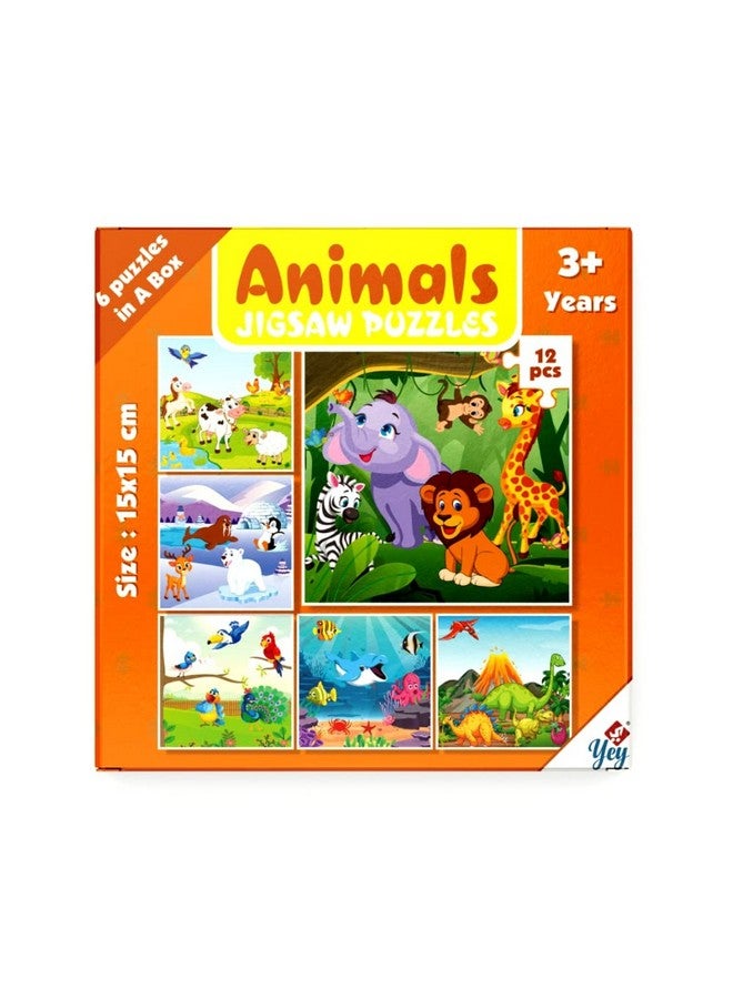 Yey 6 in 1 Animals Jigsaw Puzzles for Kids | Jungle Animals, Polar Animals, Dinosaurs, Exotic-Birds, Farm Animals & Marine Animals - Set of 6 Educational Puzzles, Multicolor, 6.25 x 6.25 inches - Image 1