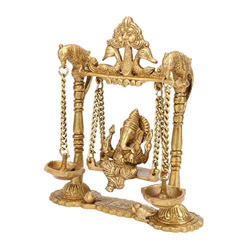 Kartique Brass Ganesh Jhula Idol | Ganesha on Swing Murti for Home, Mandir, Office Decor | Ganpati Bappa Statue for Housewarming or Couple Gift | 8.5 Inch Gold Finish - Image 3