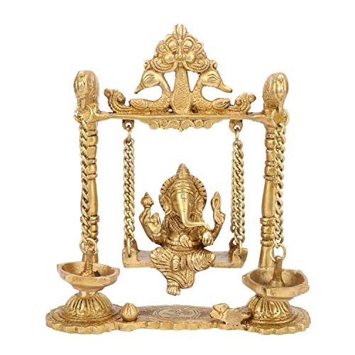 Kartique Brass Ganesh Jhula Idol | Ganesha on Swing Murti for Home, Mandir, Office Decor | Ganpati Bappa Statue for Housewarming or Couple Gift | 8.5 Inch Gold Finish - Image 1