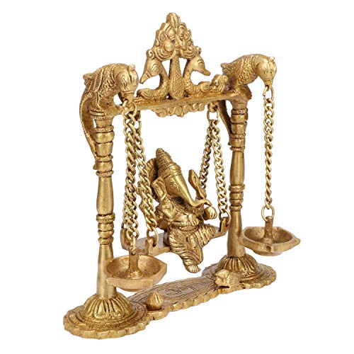 Kartique Brass Ganesh Jhula Idol | Ganesha on Swing Murti for Home, Mandir, Office Decor | Ganpati Bappa Statue for Housewarming or Couple Gift | 8.5 Inch Gold Finish - Image 2