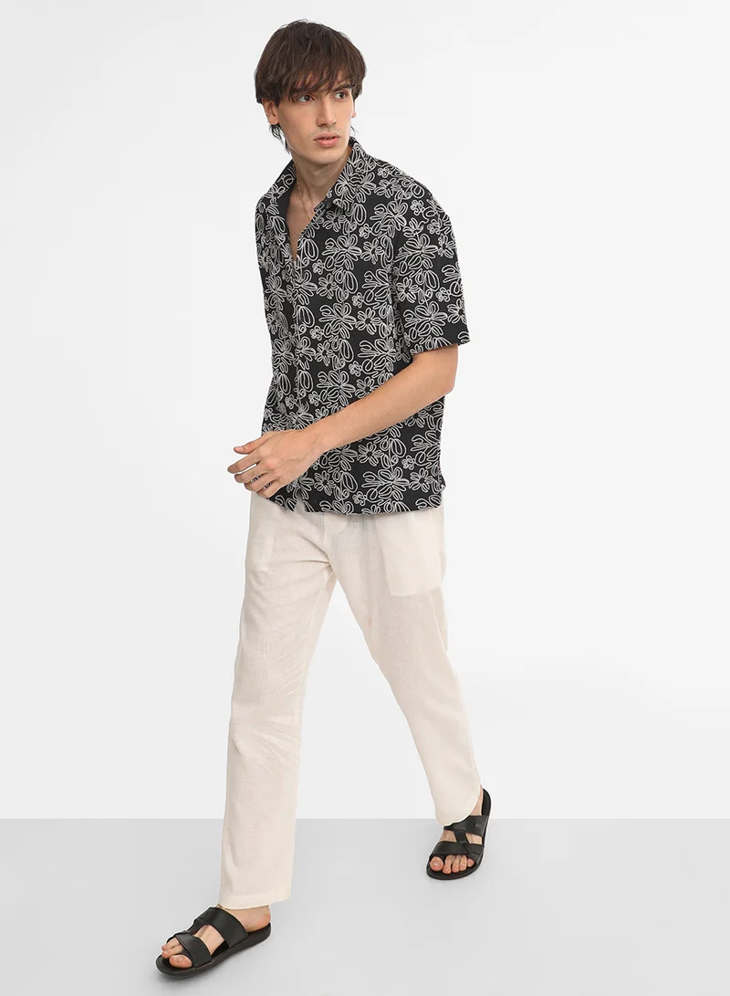 كامبوس سوترا Men's Midnight Black Floral-Lined Oversized Shirt