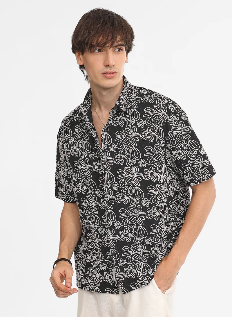 كامبوس سوترا Men's Midnight Black Floral-Lined Oversized Shirt