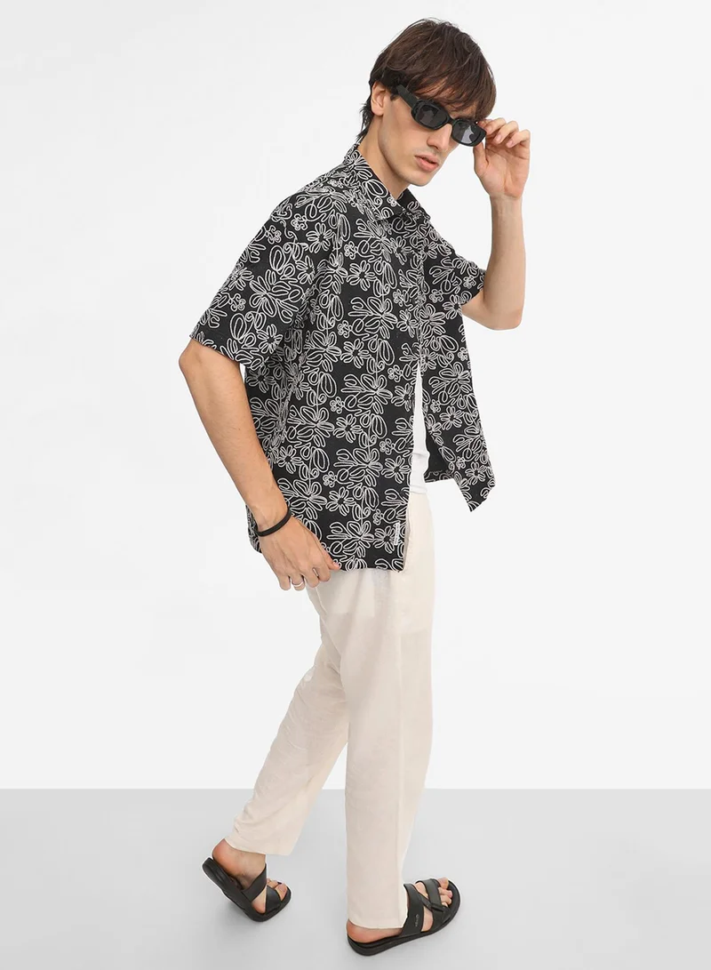 كامبوس سوترا Men's Midnight Black Floral-Lined Oversized Shirt