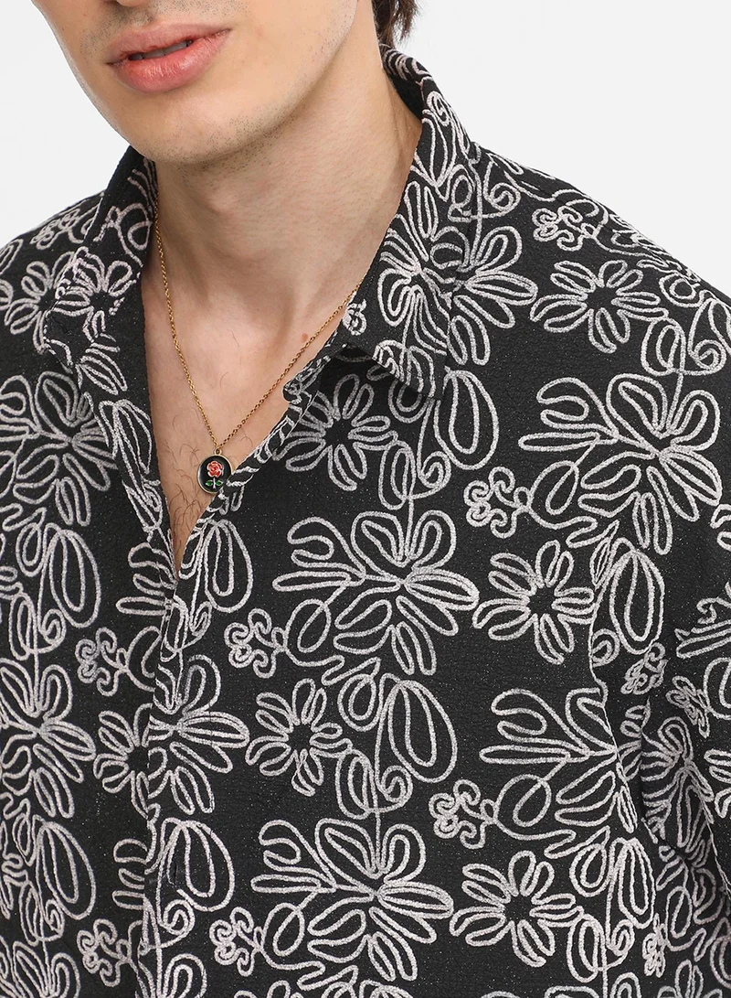 كامبوس سوترا Men's Midnight Black Floral-Lined Oversized Shirt