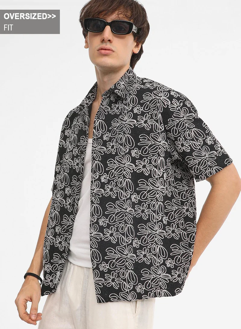 Campus Sutra Men's Midnight Black Floral-Lined Oversized Shirt