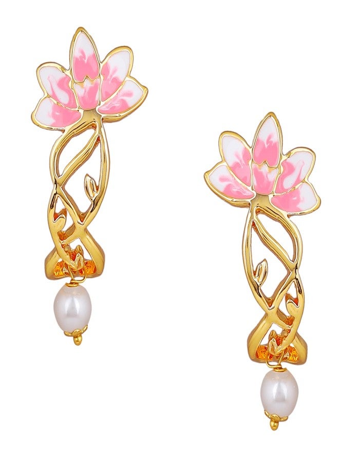Estele Gold Plated Lotus Inspired Drop Earrings for Women | Elegant Statement Jewellery - Image 1