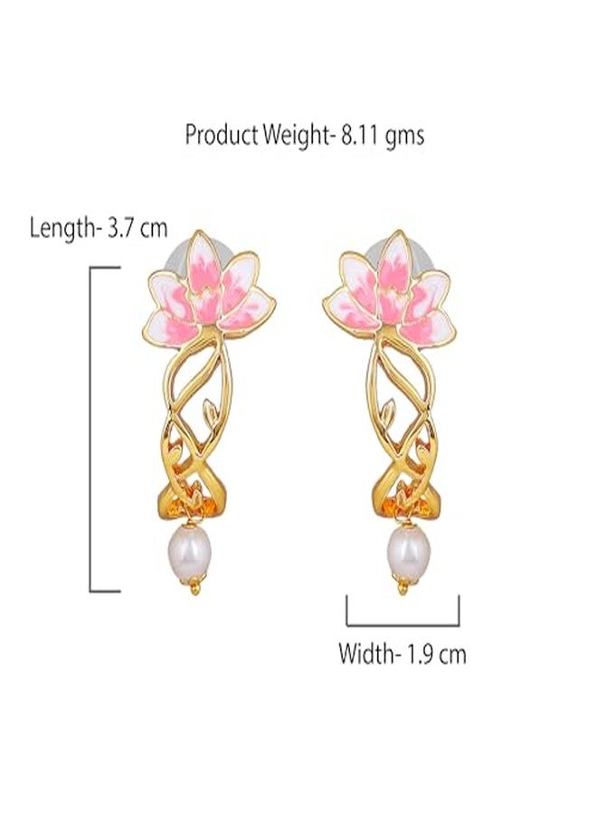 Estele Gold Plated Lotus Inspired Drop Earrings for Women | Elegant Statement Jewellery - Image 5