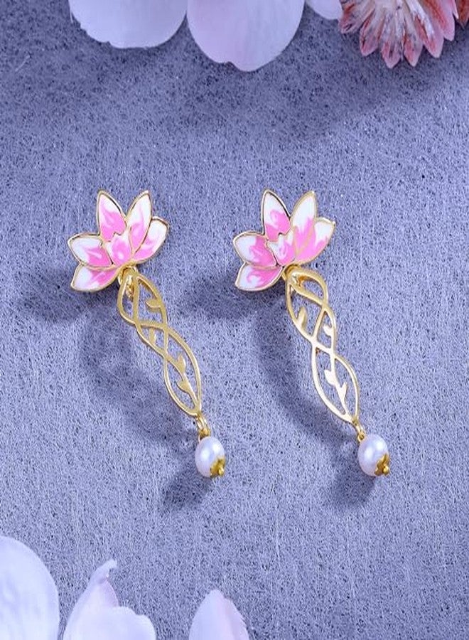 Estele Gold Plated Lotus Inspired Drop Earrings for Women | Elegant Statement Jewellery - Image 3