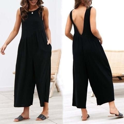 1Tarz 1Style Barbora Linen Summer Casual Backless Casual Women's Jumpsuit LN212BLACK10 - Image 3