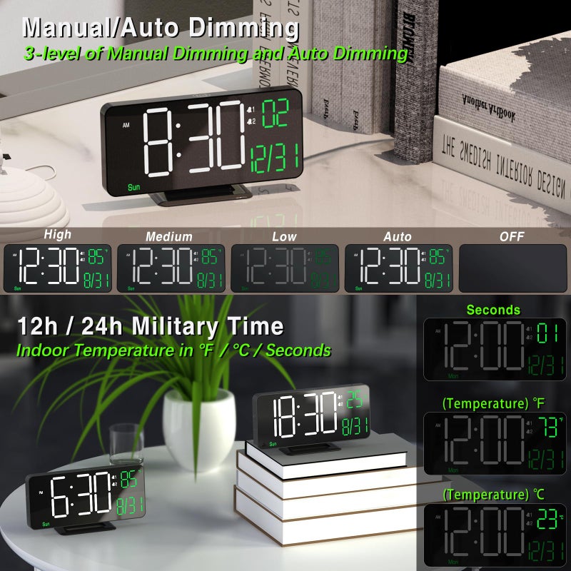 KOSUMOSU Digital Clock for Bedroom, 6.7in Black Alarm Clocks for Bedrooms,Auto Dimming, Date, Day of Week, Indoor Temperature,Digital Alarm Clock,Clocks for Living Room - Image 4