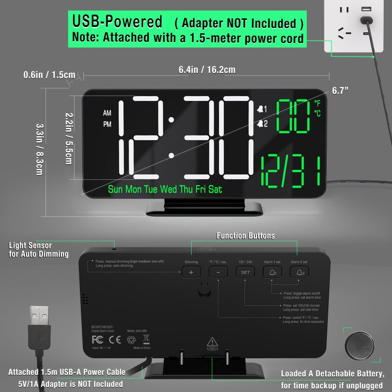 KOSUMOSU Digital Clock for Bedroom, 6.7in Black Alarm Clocks for Bedrooms,Auto Dimming, Date, Day of Week, Indoor Temperature,Digital Alarm Clock,Clocks for Living Room - Image 5