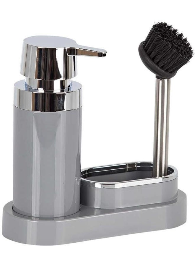 بريمانوفا موزع صابون المطبخ مع حامل إسفنجي وفرشاة 3 في 1 لحوض المطبخ والحمام والشامبو -رمادي - Image 1