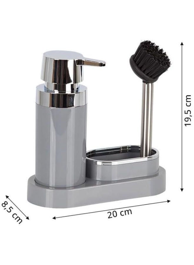 بريمانوفا موزع صابون المطبخ مع حامل إسفنجي وفرشاة 3 في 1 لحوض المطبخ والحمام والشامبو -رمادي - Image 2