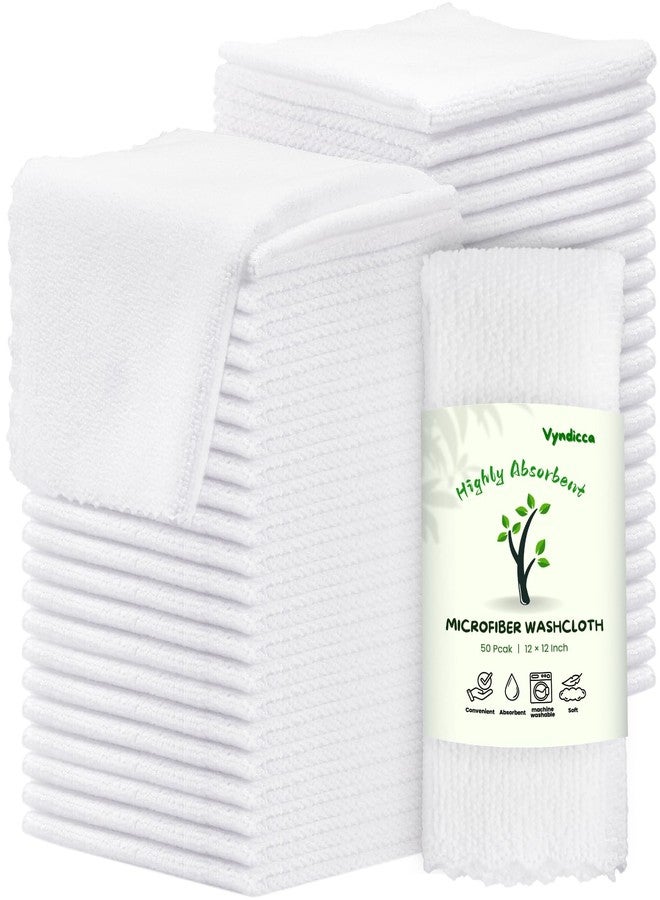 Vyndicca 50 Pack Washcloths Bulk, White Microfiber Face Towels & Hand Towels, Soft, Highly Absorbent, Multi-Purpose Wash Cloths for Bathroom, Spa, Gym, 11x12 Inch - Image 1
