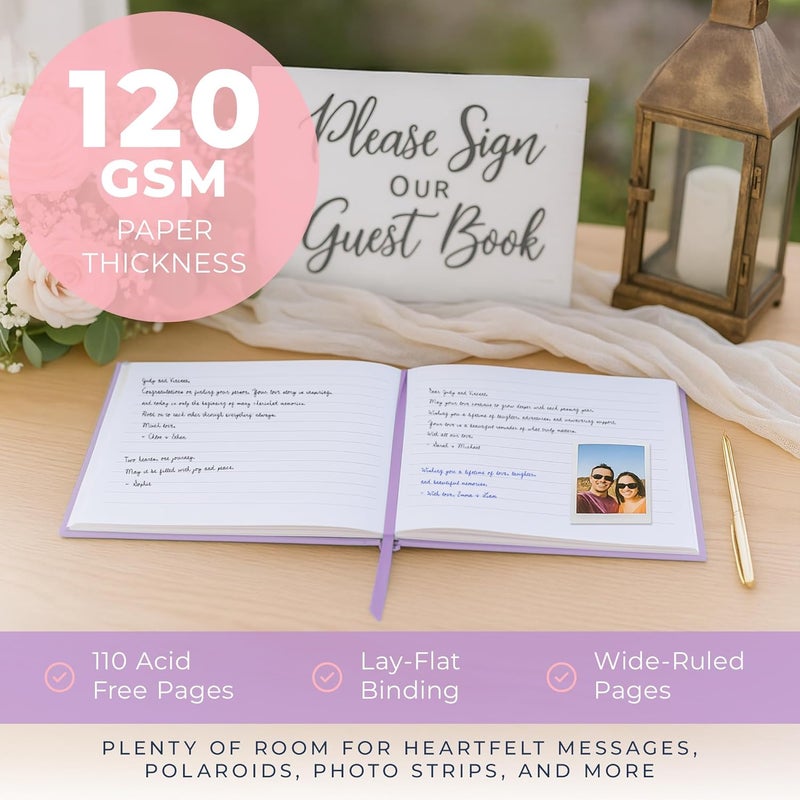 Promot Personalized Guestbook for Party (Lavender Purple) - 110 Lined Pages in Wood-Free Vegan Leather Hard Cover - Wedding Guest Book Sign in and Photos, Baby Shower, Birthday or Graduation - Image 3