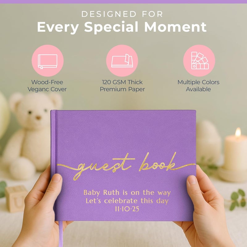 Promot Personalized Guestbook for Party (Lavender Purple) - 110 Lined Pages in Wood-Free Vegan Leather Hard Cover - Wedding Guest Book Sign in and Photos, Baby Shower, Birthday or Graduation - Image 2