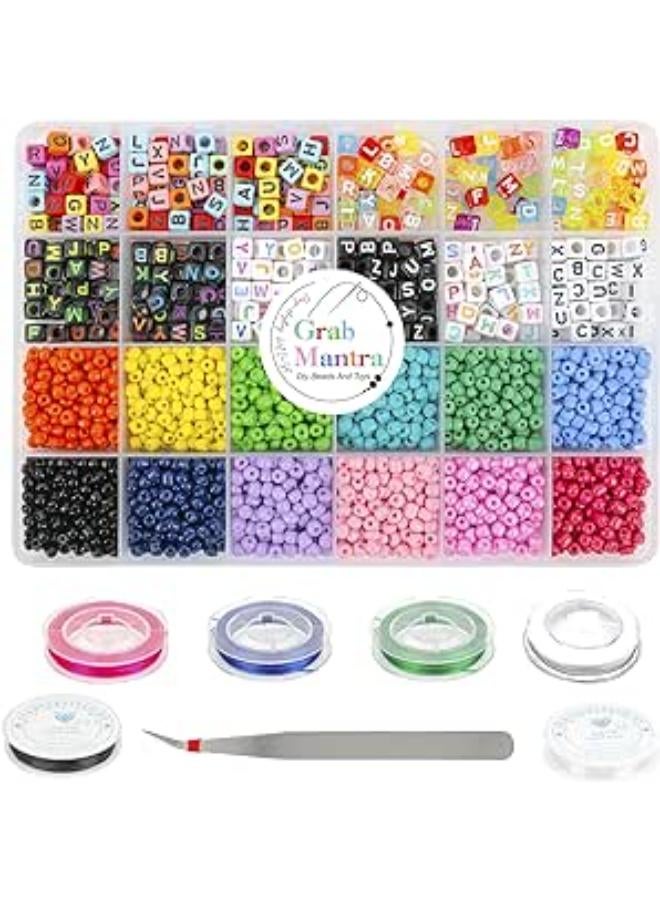 GrabMantra 4000Pcs 4mm Glass Seed Pony Alphabet cubes Letter Beads with Colorful String for Necklace Earring Bracelet Jewelry Making (Glass beads/color alphabet) 