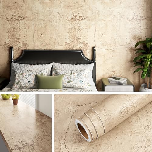 Livelynine 158x197 Beige Concrete Peel and Stick Wallpaper for Bathroom Bedroom Wall Paper Decor for Adults 3D Basement Wall Covering Removable Tan Cement Vinyl Light Brown Contact Paper Waterproof - Image 1