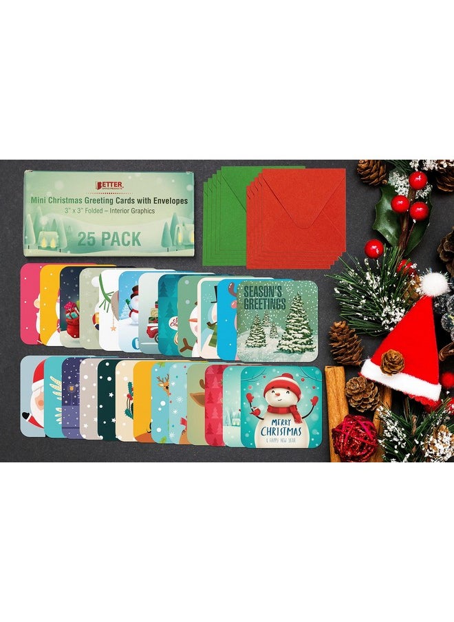 Better Office Products - Mini Christmas Greeting Cards & Envelopes, 3 X 3 Inch, 25 Unique Designs With Red & Green Envelopes, Small Christmas Cards For Gifts (25 Pack) - Image 1