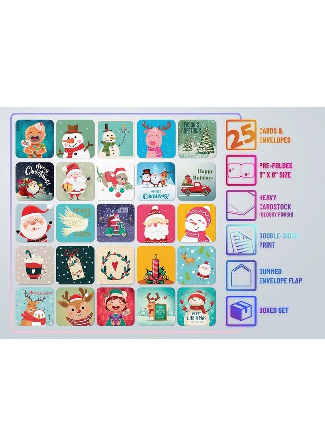 Better Office Products - Mini Christmas Greeting Cards & Envelopes, 3 X 3 Inch, 25 Unique Designs With Red & Green Envelopes, Small Christmas Cards For Gifts (25 Pack) - Image 1
