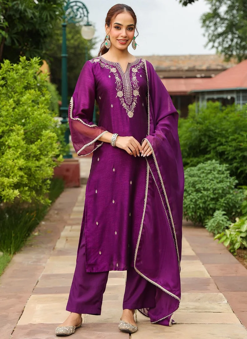 ZERESOUQ Purple Silk Blend Embroidered 3-Piece Kurta Set