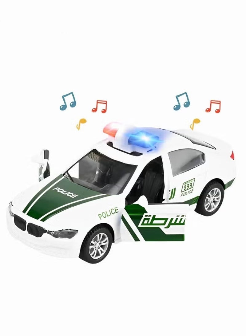 ريزوس سيارة شرطة دبي لعبة مصبوبة مع أضواء وصفارات إنذار | سيارة شرطة معدنية قابلة للسحب للخلف للأطفال وهواة الجمع | سيارة دورية محاكاة بأبواب قابلة للفتح | هدية فاخرة للأولاد | أبيض وأخضر - Image 1