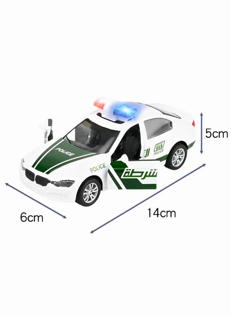 ريزوس سيارة شرطة دبي لعبة مصبوبة مع أضواء وصفارات إنذار | سيارة شرطة معدنية قابلة للسحب للخلف للأطفال وهواة الجمع | سيارة دورية محاكاة بأبواب قابلة للفتح | هدية فاخرة للأولاد | أبيض وأخضر - Image 2