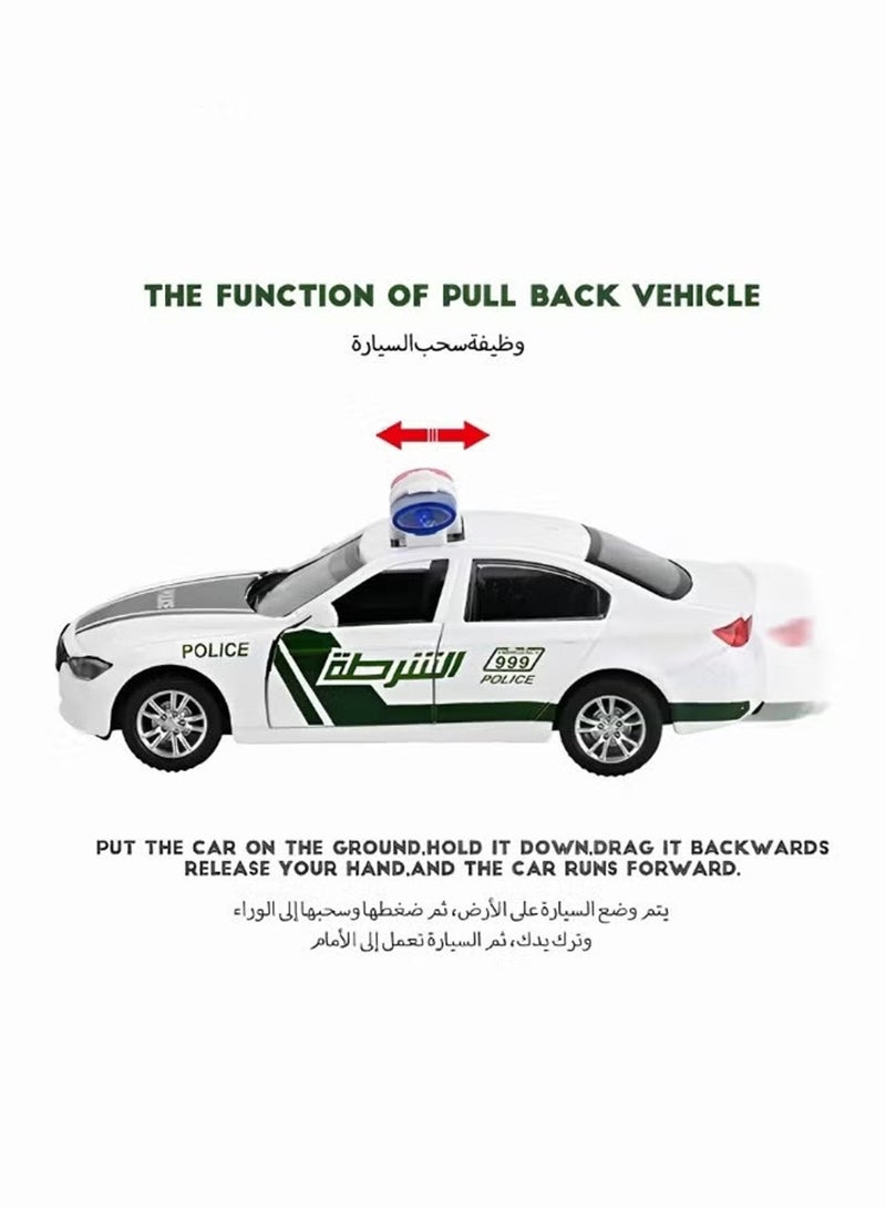 ريزوس سيارة شرطة دبي لعبة مصبوبة مع أضواء وصفارات إنذار | سيارة شرطة معدنية قابلة للسحب للخلف للأطفال وهواة الجمع | سيارة دورية محاكاة بأبواب قابلة للفتح | هدية فاخرة للأولاد | أبيض وأخضر - Image 4