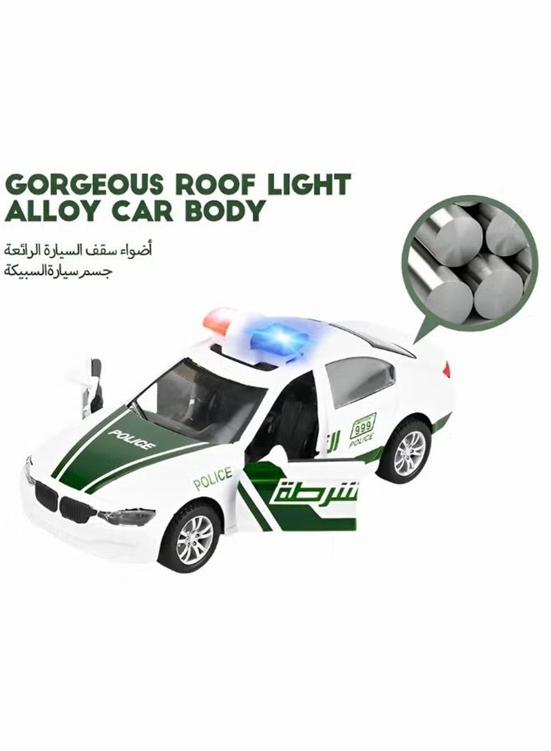 ريزوس سيارة شرطة دبي لعبة مصبوبة مع أضواء وصفارات إنذار | سيارة شرطة معدنية قابلة للسحب للخلف للأطفال وهواة الجمع | سيارة دورية محاكاة بأبواب قابلة للفتح | هدية فاخرة للأولاد | أبيض وأخضر - Image 3