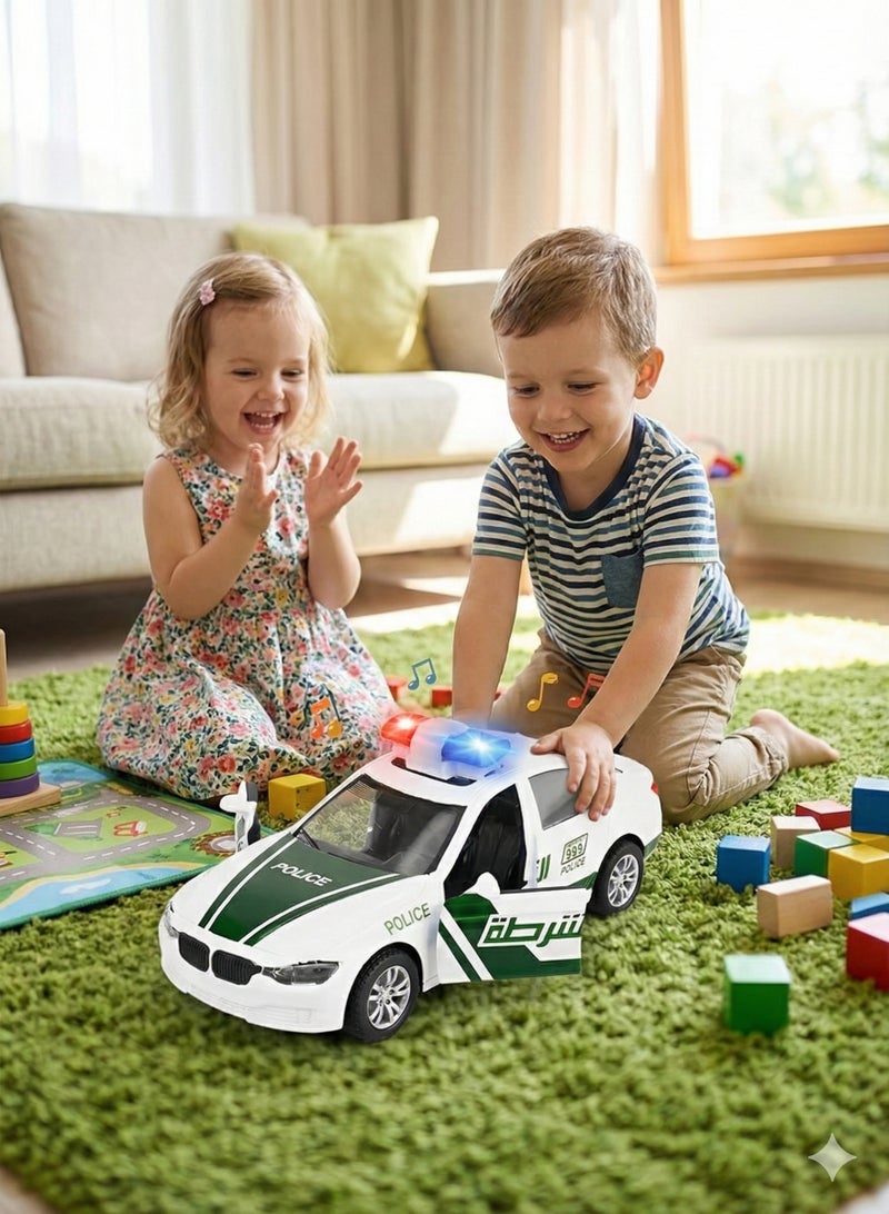 ريزوس سيارة شرطة دبي لعبة مصبوبة مع أضواء وصفارات إنذار | سيارة شرطة معدنية قابلة للسحب للخلف للأطفال وهواة الجمع | سيارة دورية محاكاة بأبواب قابلة للفتح | هدية فاخرة للأولاد | أبيض وأخضر - Image 5