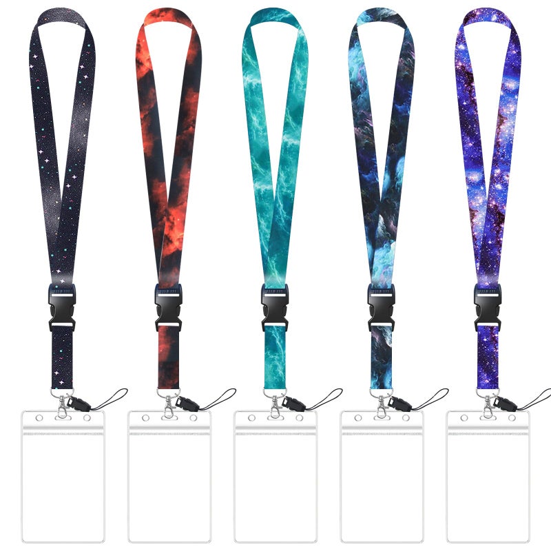 XIANGXING 5 Pack Starry Sky Neck Lanyards with 5 Clear ID Card Holders, Cool Galaxy Lanyard Strap Keychain with Detachable Buckle for Women Men Cruise Teacher Keys Badge ID Card Phone (Starry Sky - 5pcs) - Image 1