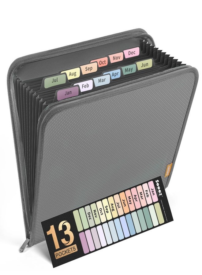 Sooez Sleek Expandable File Folder Organizer with Safe Zipper, Reinforced 13 Pocket Accordion Folder Organizer, A4 Letter Size, Portable File Organizer, Receipt Organizer for Business, Grey - Image 1