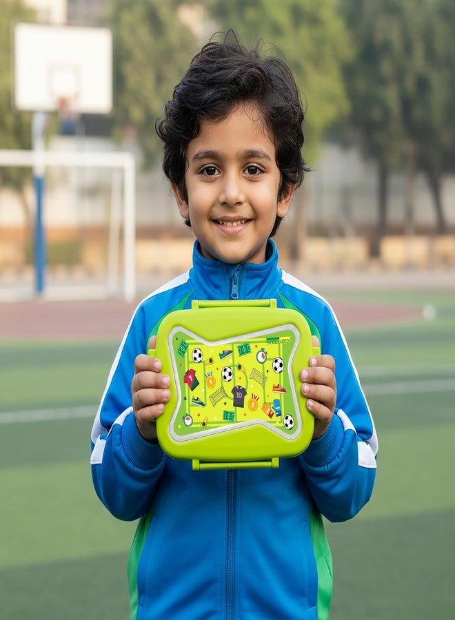 STEELLOCK Smart Kids Stainless Steel Lunch Box, Leakproof & Airtight Tiffin Box for School Boys & Girls, BPA Free Food Grade with 4-Side Clip Lock | 750 ML | Green, 3D/UV Print Football - Image 5