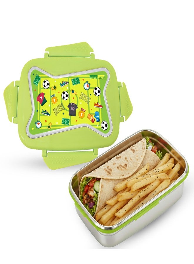 STEELLOCK Smart Kids Stainless Steel Lunch Box, Leakproof & Airtight Tiffin Box for School Boys & Girls, BPA Free Food Grade with 4-Side Clip Lock | 750 ML | Green, 3D/UV Print Football - Image 1