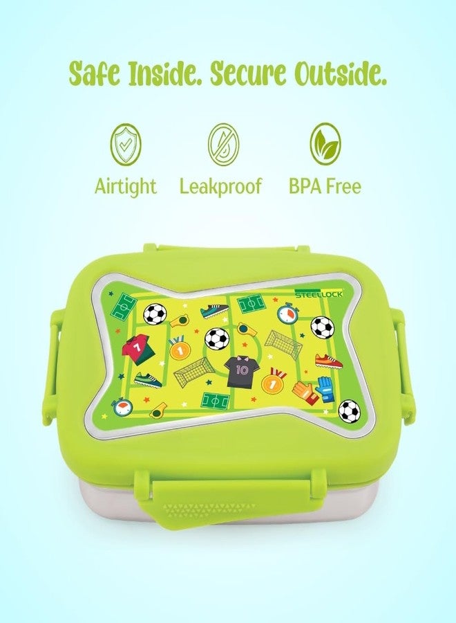 STEELLOCK Smart Kids Stainless Steel Lunch Box, Leakproof & Airtight Tiffin Box for School Boys & Girls, BPA Free Food Grade with 4-Side Clip Lock | 750 ML | Green, 3D/UV Print Football - Image 2