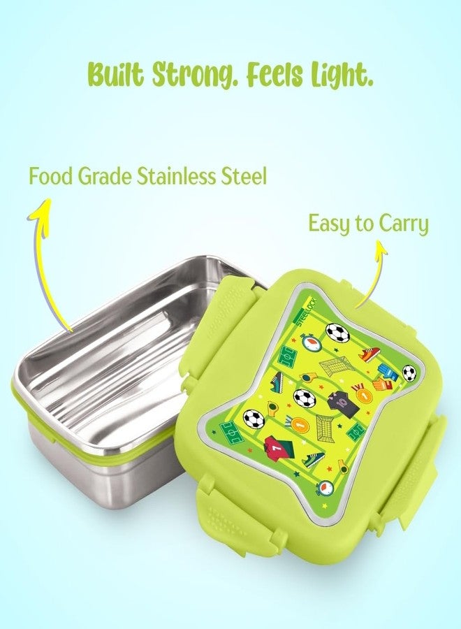STEELLOCK Smart Kids Stainless Steel Lunch Box, Leakproof & Airtight Tiffin Box for School Boys & Girls, BPA Free Food Grade with 4-Side Clip Lock | 750 ML | Green, 3D/UV Print Football - Image 3
