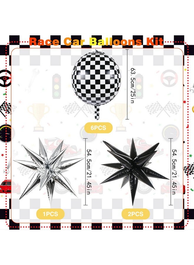 MIKIMIQI 6 Pcs Race Car Checkered Balloons 3 Pcs Explosion Pointed Star Foil Balloons for Racing Party Decorations, 22'' Jumbo Sphere 4D Black and White Checkered Flag Mylar Balloons for Birthday Party - Image 2