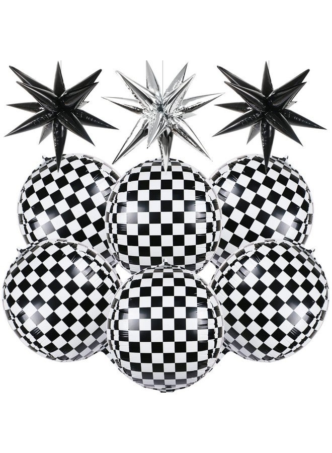 MIKIMIQI 6 Pcs Race Car Checkered Balloons 3 Pcs Explosion Pointed Star Foil Balloons for Racing Party Decorations, 22'' Jumbo Sphere 4D Black and White Checkered Flag Mylar Balloons for Birthday Party - Image 1