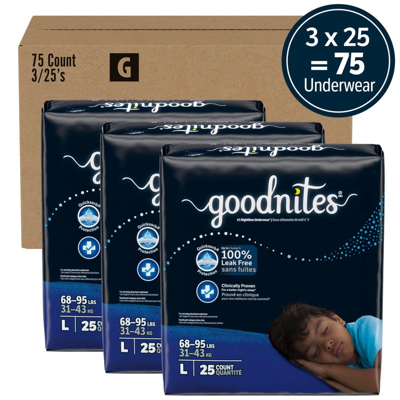 GoodNites سراويل نوم للأطفال من جودنايتس، حجم كبير (68-95 رطل)، 75 قطعة (3 عبوات من 25)، قد يختلف التغليف - Image 2