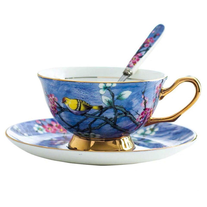 YBK Tech Euro Style Cup Saucer Set Art Bone China Ceramic Tea Coffee Cup for Breakfast Home Kitchen Birds and Trees Patterns Bright Blue