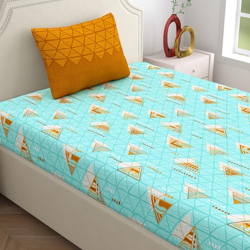 Home Ecstasy 100% Cotton Single Bedsheet with 1 Pillow Cover | 140 TC Geometric Sea Green for Single Bed (5ft X 7ft) - Image 1